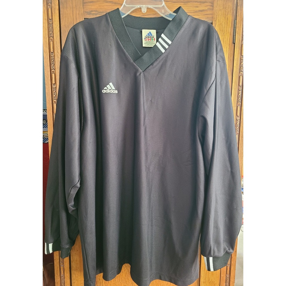 Vintage Adidas Mens Black Mesh Long Sleeve Jersey V-Neck Shirt Large Template